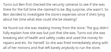 handwriting - Turns out Ben first checked the security cameras to see if she was there for the full time she claimed to be. Big surprise, she wasn't. So Ben decided to investigate the store's expenses since if she's lying about her time what else could sh