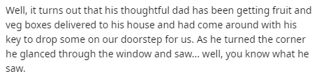 handwriting - Well, it turns out that his thoughtful dad has been getting fruit and veg boxes delivered to his house and had come around with his key to drop some on our doorstep for us. As he turned the corner he glanced through the window and saw... wel