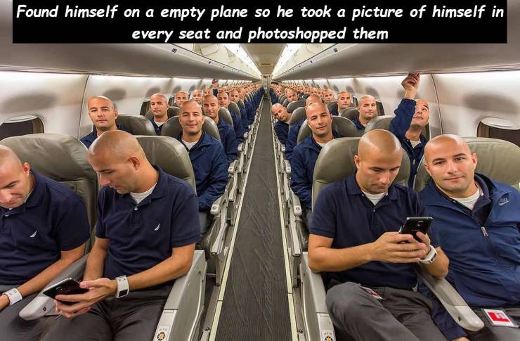 guy takes a picture of himself in every plane seat - Found himself on a empty plane so he took a picture of himself in every seat and photoshopped them