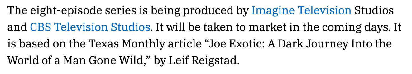 nicolas cage joe exotic tiger king - The eight-episode series is being produced by Imagine Television Studios and CBS Television Studios. It will be taken to market in the coming days. It is based on the Texas Monthly article “Joe Exotic: A Dark Journey I