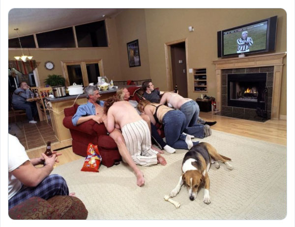 Are you the Guy in Blue? Who clearly is hosting this pathetic excuse for a Super Bowl party. Are you the Middle Guy? Stuck between your two buddies, maybe a best-friend to Guy in Blue, hell maybe even a son? Or are you Closest to the Television Guy? Always with the worse view, but hell, at least you got a seat at the couch. 