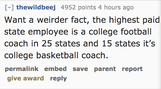 angle - thewildbeej 4952 points 4 hours ago Want a weirder fact, the highest paid state employee is a college football coach in 25 states and 15 states it's college basketball coach. permalink embed save parent report give award