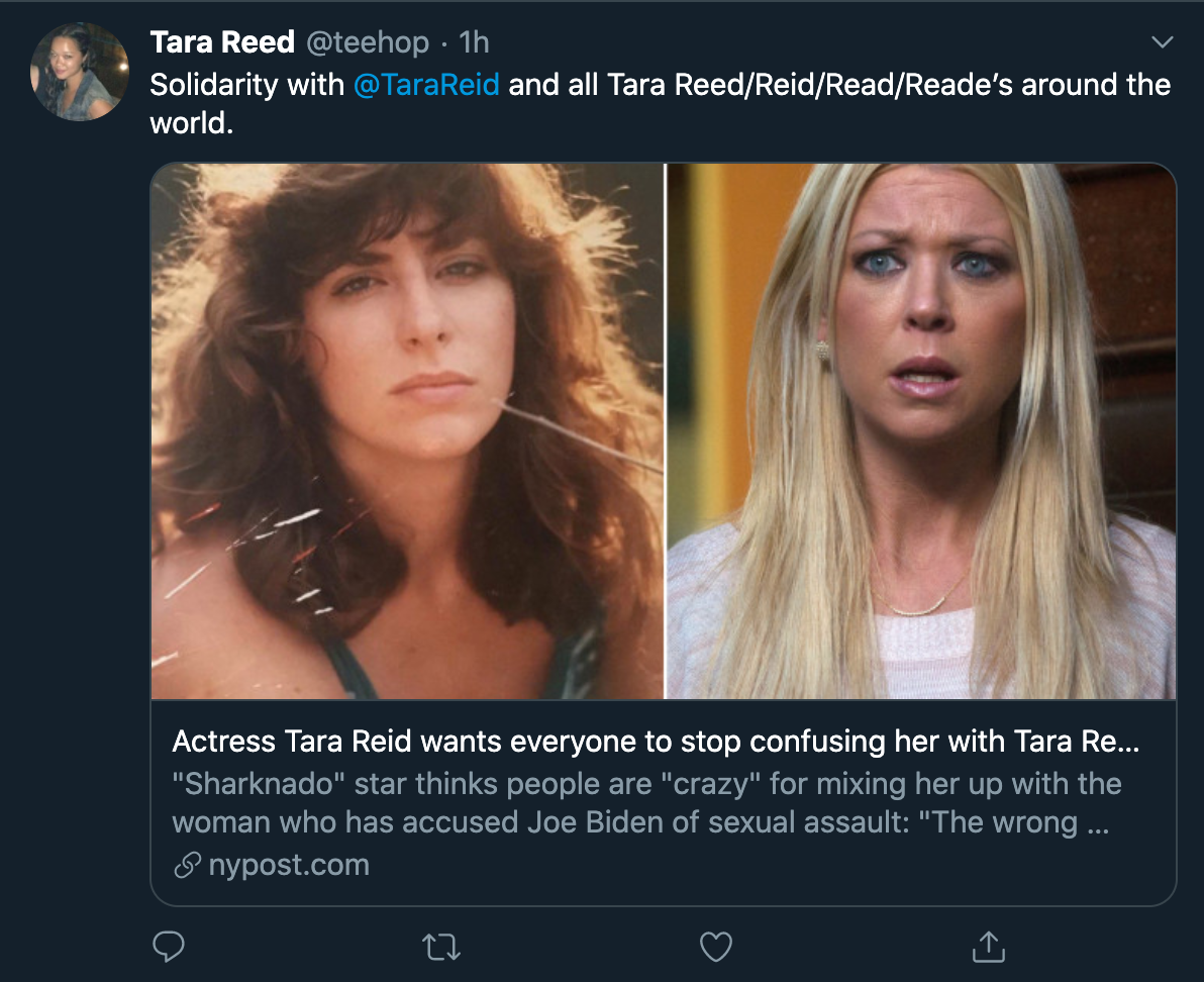 tara reid joe biden accuser - solidarity with tara reid and all tara reed/reid/reade's around the world