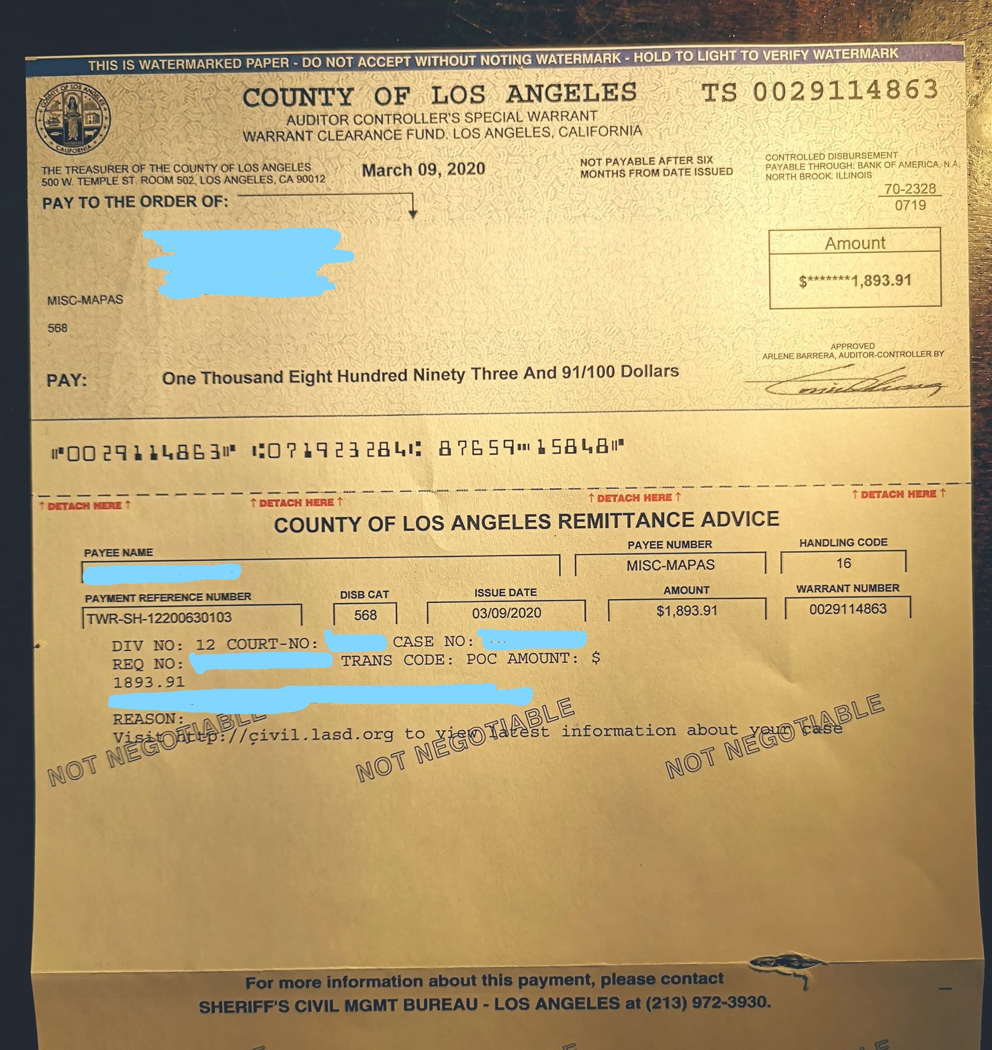 document - Ot Accept Without Noting Watermark Hold Tought County Of Los Angeles Ts 0029114863 S Auditor Controllers Special Warrant Warrant Clearance Fund Los Angeles, California Be The Cost Of Los Angeles Pay To The Order Of 20237 Pay One Thousand Eight 