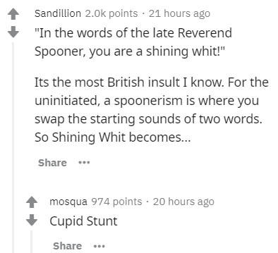document - Sandillion points. 21 hours ago "In the words of the late Reverend Spooner, you are a shining whit!" Its the most British insult I know. For the uninitiated, a spoonerism is where you swap the starting sounds of two words. So Shining Whit becom