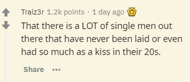 document - Traiz3r points . 1 day ago That there is a Lot of single men out there that have never been laid or even had so much as a kiss in their 20s.