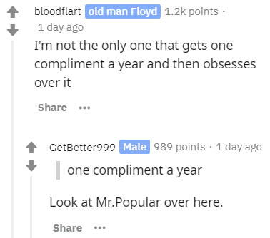 diagram - bloodflart old man Floyd points. 1 day ago I'm not the only one that gets one compliment a year and then obsesses over it .. GetBetter999 Male 989 points . 1 day ago one compliment a year Look at Mr. Popular over here.