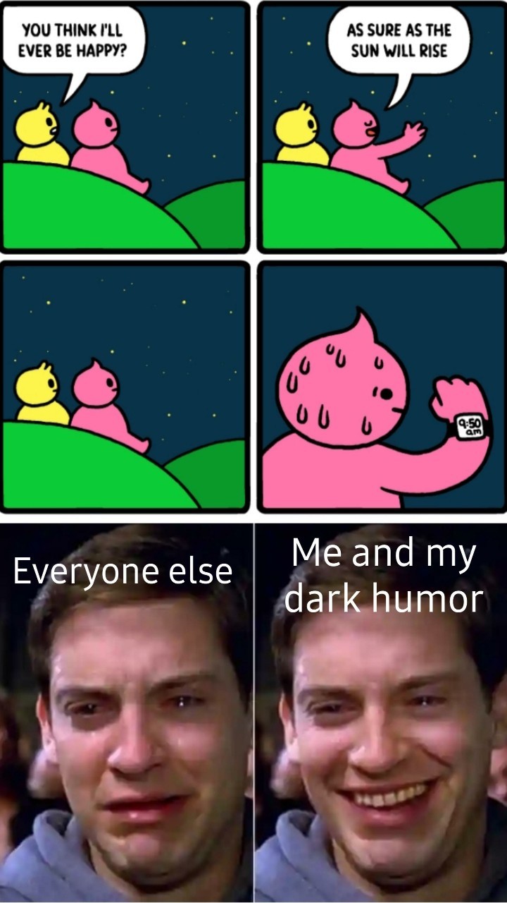 dark humor memes - you think I'll ever be happy as sure as the sun will rise everyone else me and my dark humor