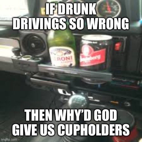 dark humor memes - if drunk driving's so wrong then why'd god give us cupholders?