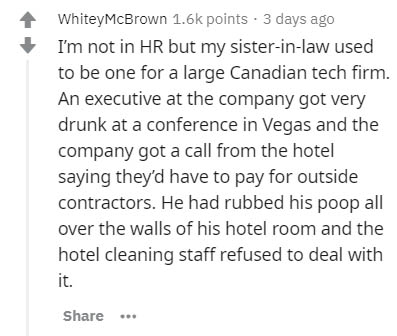 document - 4 Whitey McBrown points. 3 days ago I'm not in Hr but my sisterinlaw used to be one for a large Canadian tech firm. An executive at the company got very drunk at a conference in Vegas and the company got a call from the hotel saying they'd have