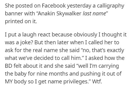 handwriting - She posted on Facebook yesterday a calligraphy banner with "Anakin Skywalker last name" printed on it. I put a laugh react because obviously I thought it was a joke? But then later when I called her to ask for the real name she said "no, tha
