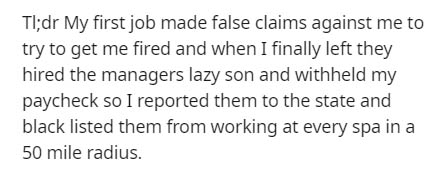 korean essay - Ti;dr My first job made false claims against me to try to get me fired and when I finally left they hired the managers lazy son and withheld my paycheck so I reported them to the state and black listed them from working at every spa in a 50