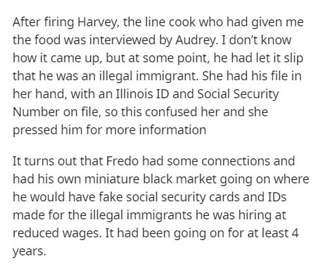 death penalty hook sentence - After firing Harvey, the line cook who had given me the food was interviewed by Audrey. I don't know how it came up, but at some point, he had let it slip that he was an illegal immigrant. She had his file in her hand, with a