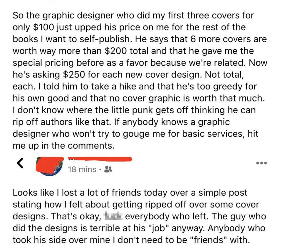 angle - So the graphic designer who did my first three covers for only $100 just upped his price on me for the rest of the books I want to selfpublish. He says that 6 more covers are worth way more than $200 total and that he gave me the special pricing b