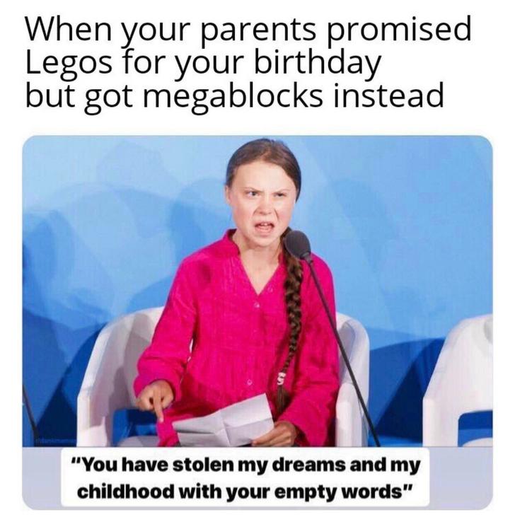 greta meme childhood - When your parents promised Legos for your birthday but got megablocks instead "You have stolen my dreams and my childhood with your empty words"