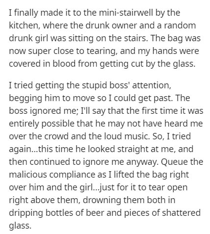 Doyoung - I finally made it to the ministairwell by the kitchen, where the drunk owner and a random drunk girl was sitting on the stairs. The bag was now super close to tearing, and my hands were covered in blood from getting cut by the glass. I tried get