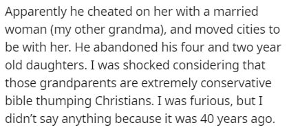 handwriting - Apparently he cheated on her with a married woman my other grandma, and moved cities to be with her. He abandoned his four and two year old daughters. I was shocked considering that those grandparents are extremely conservative bible thumpin