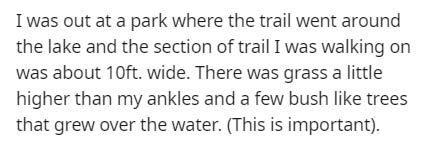 handwriting - I was out at a park where the trail went around the lake and the section of trail I was walking on was about 10ft. wide. There was grass a little higher than my ankles and a few bush trees that grew over the water. This is important.
