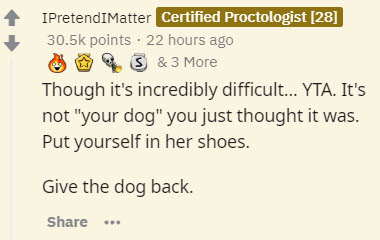 document - IPretendiMatter Certified Proctologist 28 points . 22 hours ago 95 & 3 More Though it's incredibly difficult... Yta. It's not "your dog" you just thought it was. Put yourself in her shoes. Give the dog back.