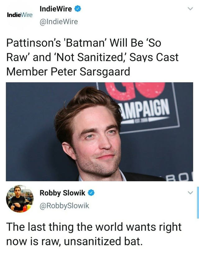 funny pics and memes - Robert Pattinson - Indie Wire Indie Wire Wire Pattinson's 'Batman' Will Be 'So Raw' and 'Not Sanitized, Says Cast Member Peter Sarsgaard 31MPAIGN Robby Slowik The last thing the world wants right now is raw, unsanitized bat.