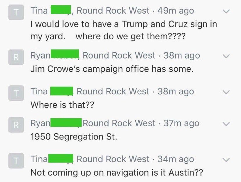 bad neighbors - I would love to have a Trump and Cruz sign in my yard. where do we get them????  Jim Crowe's campaign office has some. Where is that?? 1950 Segregation St.