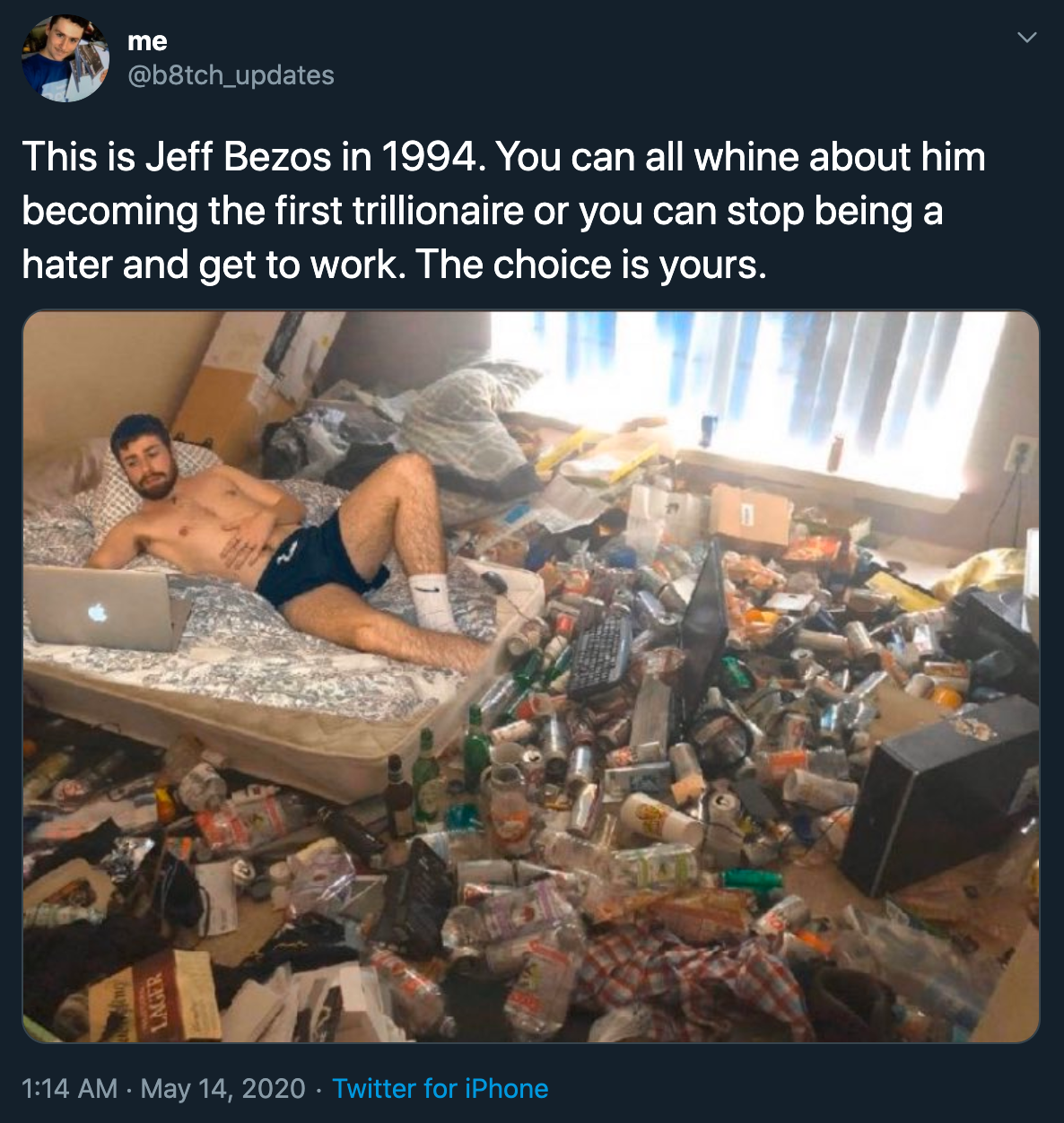 This is Jeff Bezos in 1994. You can all whine about him becoming the first trillionaire or you can stop being a hater and get to work. The choice is yours.