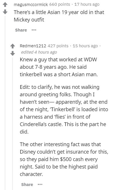 insider secrets - document - magusmccormick 660 points 17 hours ago There's a little Asian 19 year old in that Mickey outfit . Redmen1212 427 points . 15 hours ago edited 4 hours ago Knew a guy that worked at Wdw about 78 years ago. He said tinkerbell was