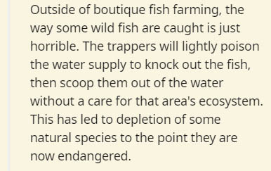 handwriting - Outside of boutique fish farming, the way some wild fish are caught is just horrible. The trappers will lightly poison the water supply to knock out the fish, then scoop them out of the water without a care for that area's ecosystem. This ha
