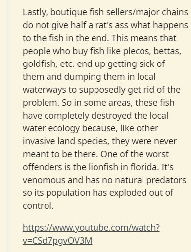 document - Lastly, boutique fish sellersmajor chains do not give half a rat's ass what happens to the fish in the end. This means that people who buy fish plecos, bettas, goldfish, etc. end up getting sick of them and dumping them in local waterways to su