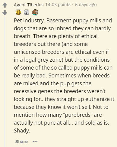 document - AgentTiberius 14.Ok points . 5 days ago Pet industry. Basement puppy mills and dogs that are so inbred they can hardly breath. There are plenty of ethical breeders out there and some unlicensed breeders are ethical even if in a legal grey zone 