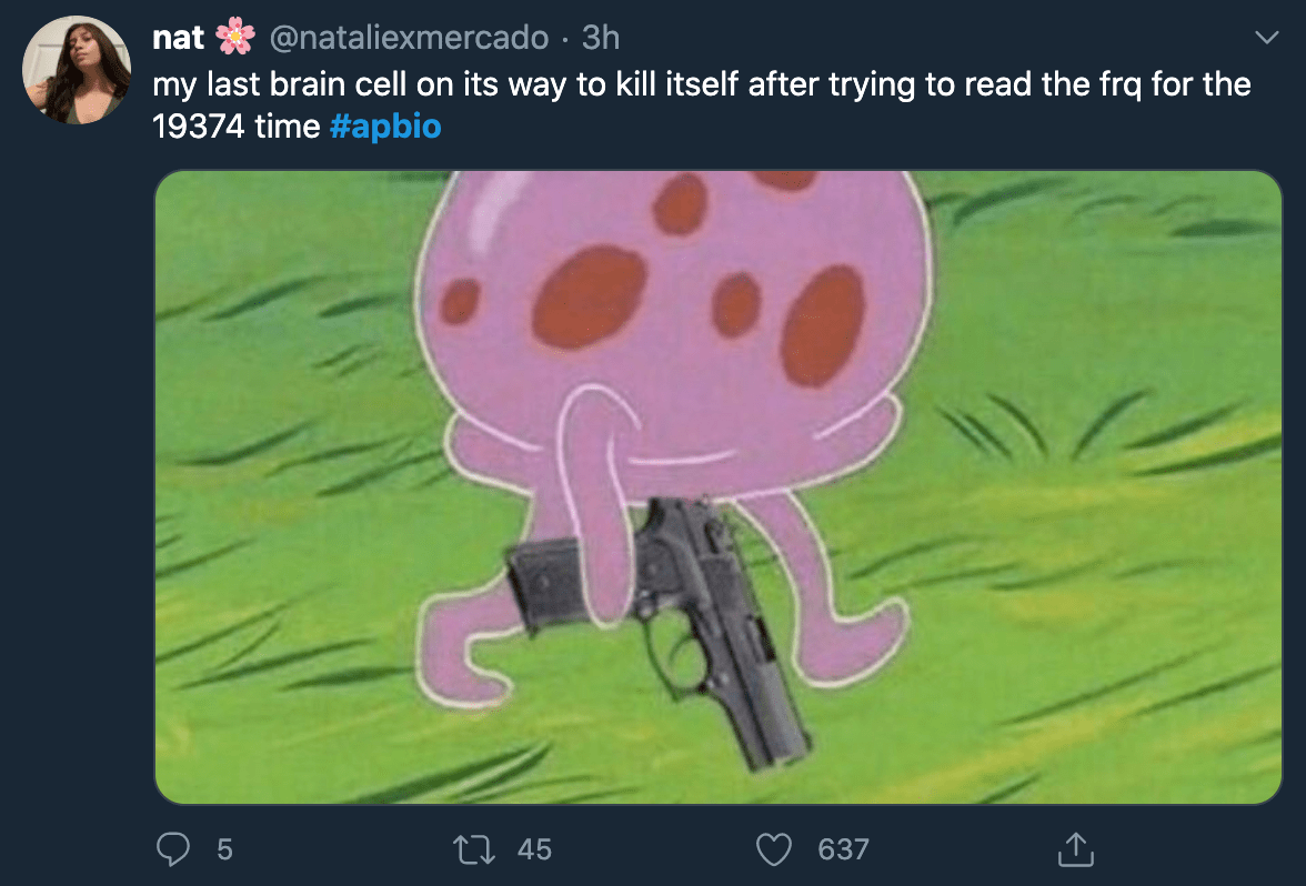 ap bio 2020 - jellyfish with gun meme - nat 3h my last brain cell on its way to kill itself after trying to read the frq for the 19374 time 5 27 45 637