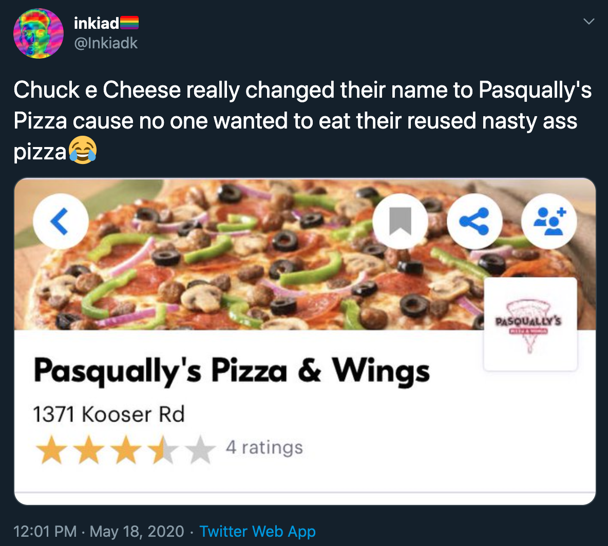 Chuck e Cheese really changed their name to Pasqually's Pizza cause no one wanted to eat their reused nasty ass pizza