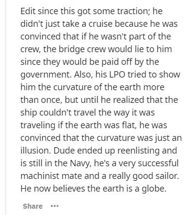 quote ignored - Edit since this got some traction; he didn't just take a cruise because he was convinced that if he wasn't part of the crew, the bridge crew would lie to him since they would be paid off by the government. Also, his Lpo tried to show him t