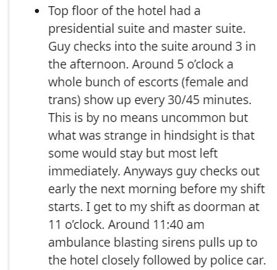 united states funny tumblr posts - Top floor of the hotel had a presidential suite and master suite. Guy checks into the suite around 3 in the afternoon. Around 5 o'clock a whole bunch of escorts female and trans show up every 3045 minutes. This is by no 