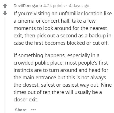 document - Devil Renegade points . 4 days ago If you're visiting an unfamiliar location a cinema or concert hall, take a few moments to look around for the nearest exit, then pick out a second as a backup in case the first becomes blocked or cut off. If s