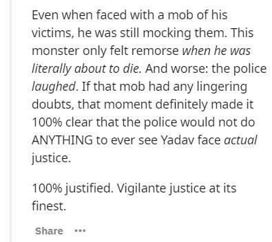 Empirical formula - Even when faced with a mob of his victims, he was still mocking them. This monster only felt remorse when he was literally about to die. And worse the police laughed. If that mob had any lingering doubts, that moment definitely made it