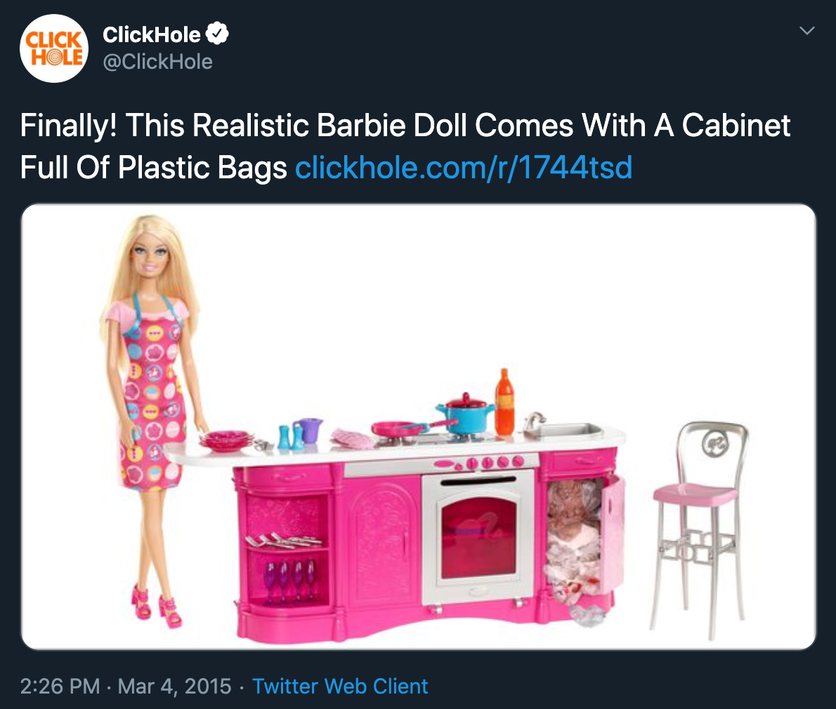 clickhole headlines - Finally! This Realistic Barbie Doll Comes With A Cabinet Full Of Plastic Bags