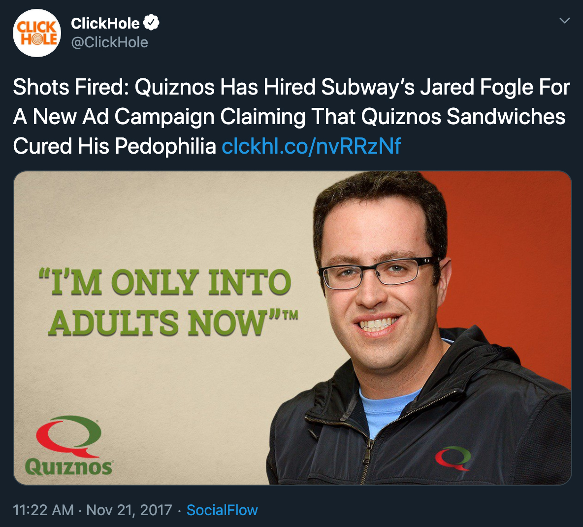 clickhole headlines - Hole Shots Fired Quiznos Has Hired Subway's Jared Fogle For A New Ad Campaign Claiming That Quiznos Sandwiches Cured His Pedophilia