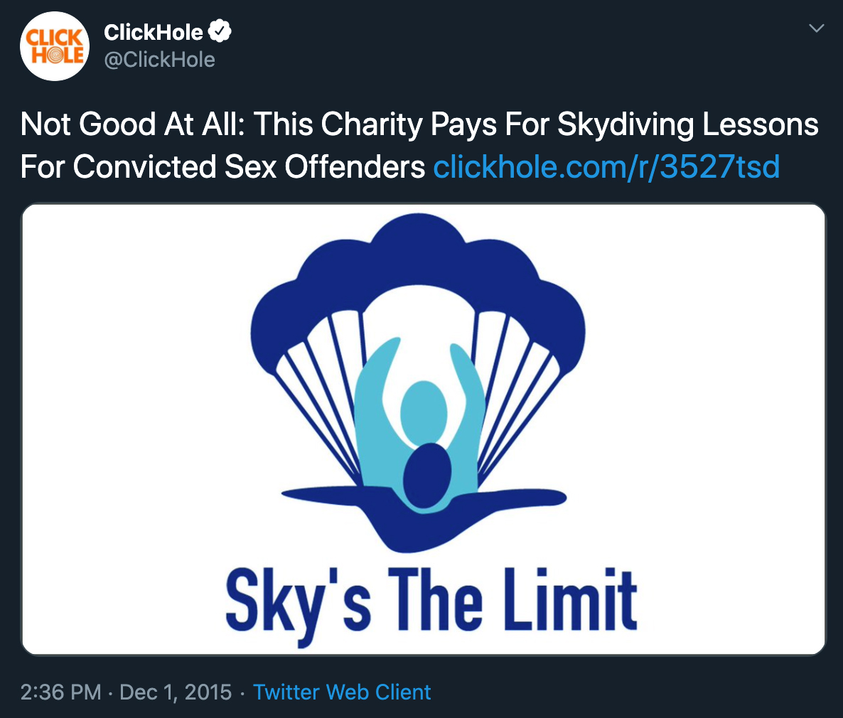 clickhole headlines - Not Good At All This Charity Pays For Skydiving Lessons For Convicted Sex Offenders