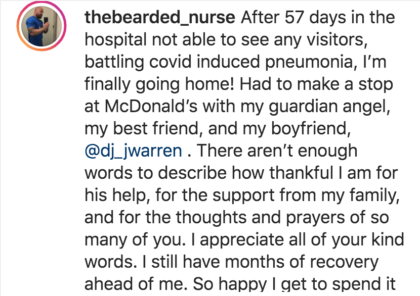 Adesua Etomi - thebearded_nurse After 57 days in the hospital not able to see any visitors, battling covid induced pneumonia, I'm finally going home! Had to make a stop at McDonald's with my guardian angel, my best friend, and my boyfriend, . There aren't