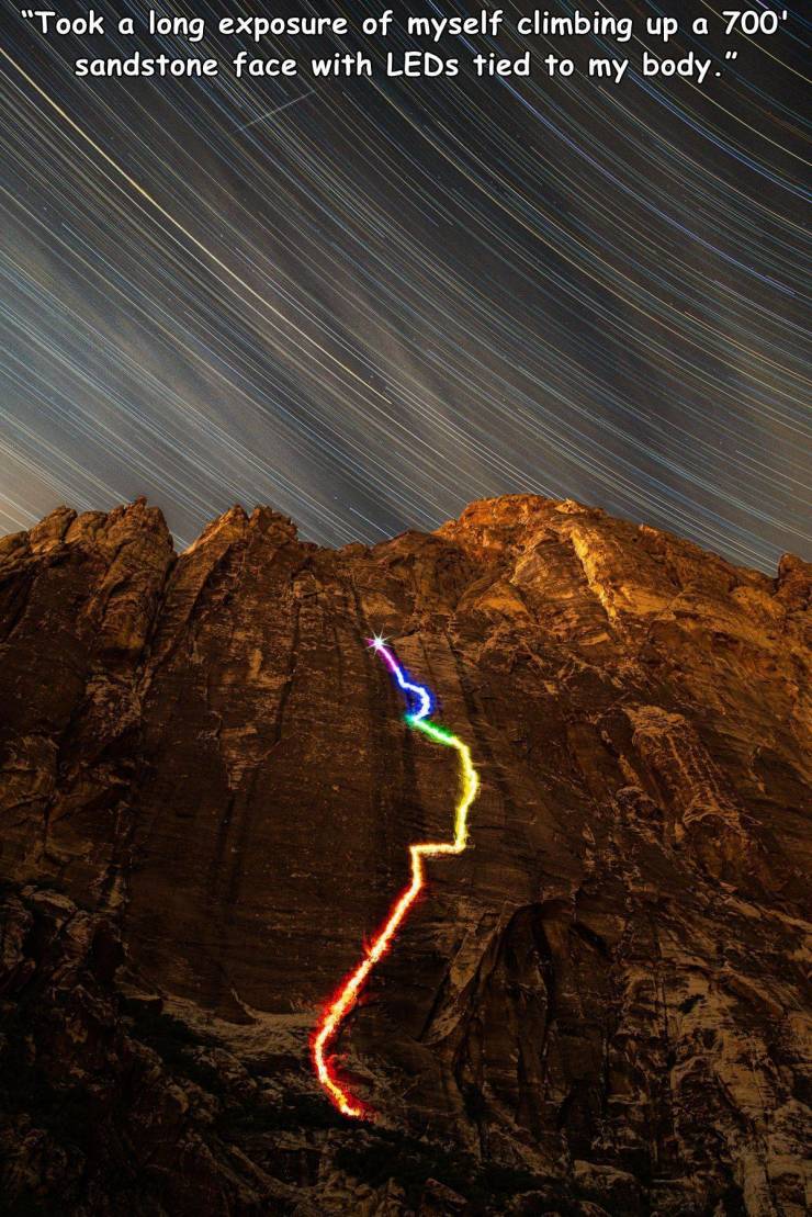 turkeys - "Took a long exposure of myself climbing up a 700' sandstone face with LEDs tied to my body."