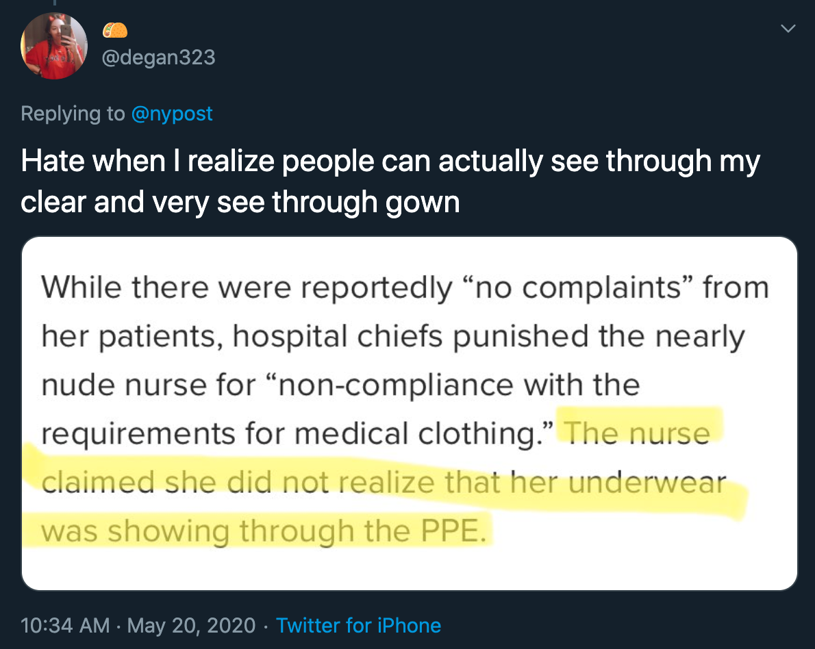 Hate when I realize people can actually see through my clear and very see through gown - While there were reportedly no complaints from her patients, hospital chiefs punished the nearly nude nurse for noncompliance with the requirements for medical clothi