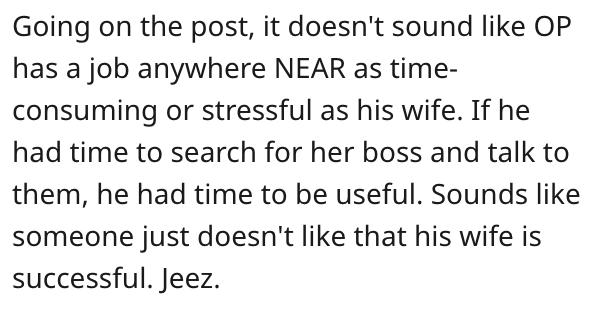 Going on the post, it doesn't sound Op has a job anywhere Near as time consuming or stressful as his wife. If he had time to search for her boss and talk to them, he had time to be useful. Sounds someone just doesn't that his wife is successful. Jeez.