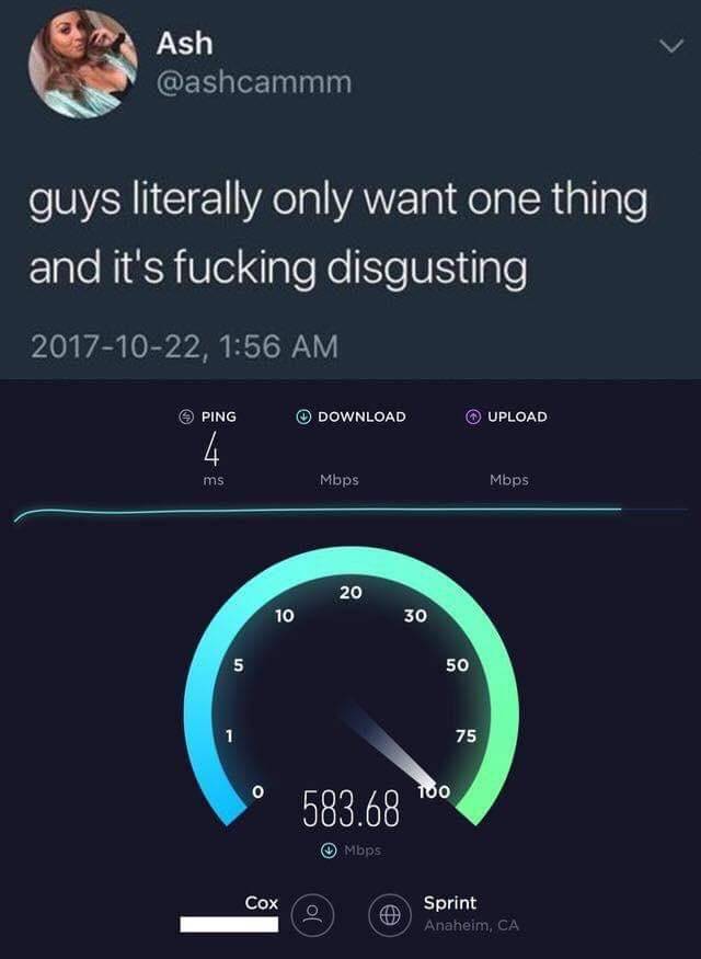 guys only want one thing meme - Ash guys literally only want one thing and it's fucking disgusting , Ping Download Upload 4 ms Mbps Mbps 20 10 30 5 50 75 O 100 583.68 Mbps Cox ol Sprint Anaheim, Ca