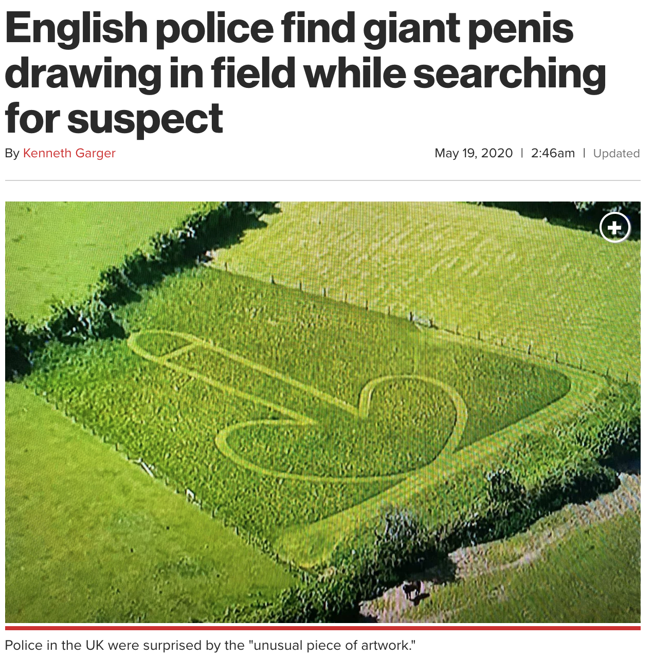 English police find giant penis drawing in field while searching for suspect - Police in the Uk were surprised by the unusual piece of artwork