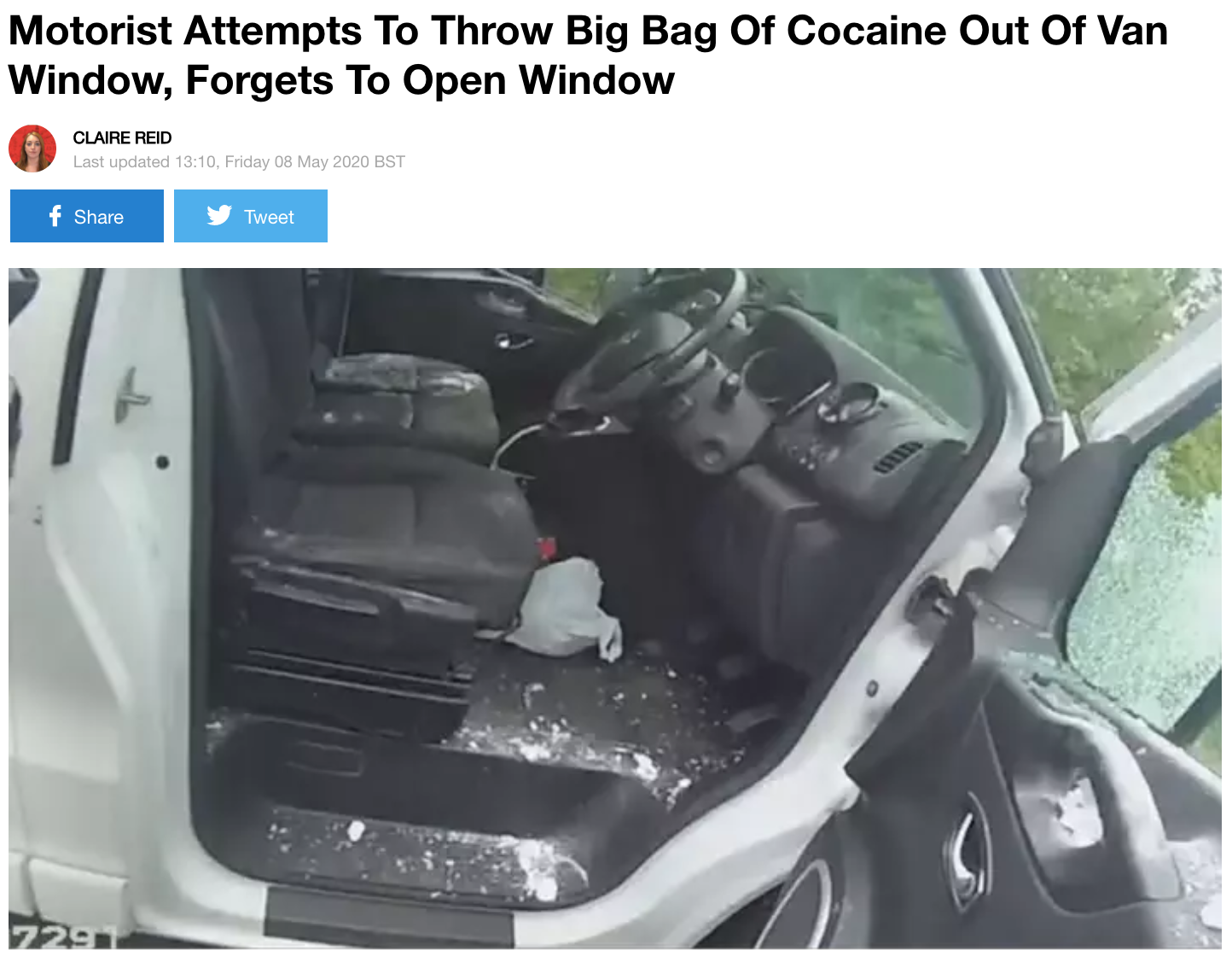 Motorist Attempts To Throw Big Bag Of Cocaine Out Of Van Window, Forgets To Open Window