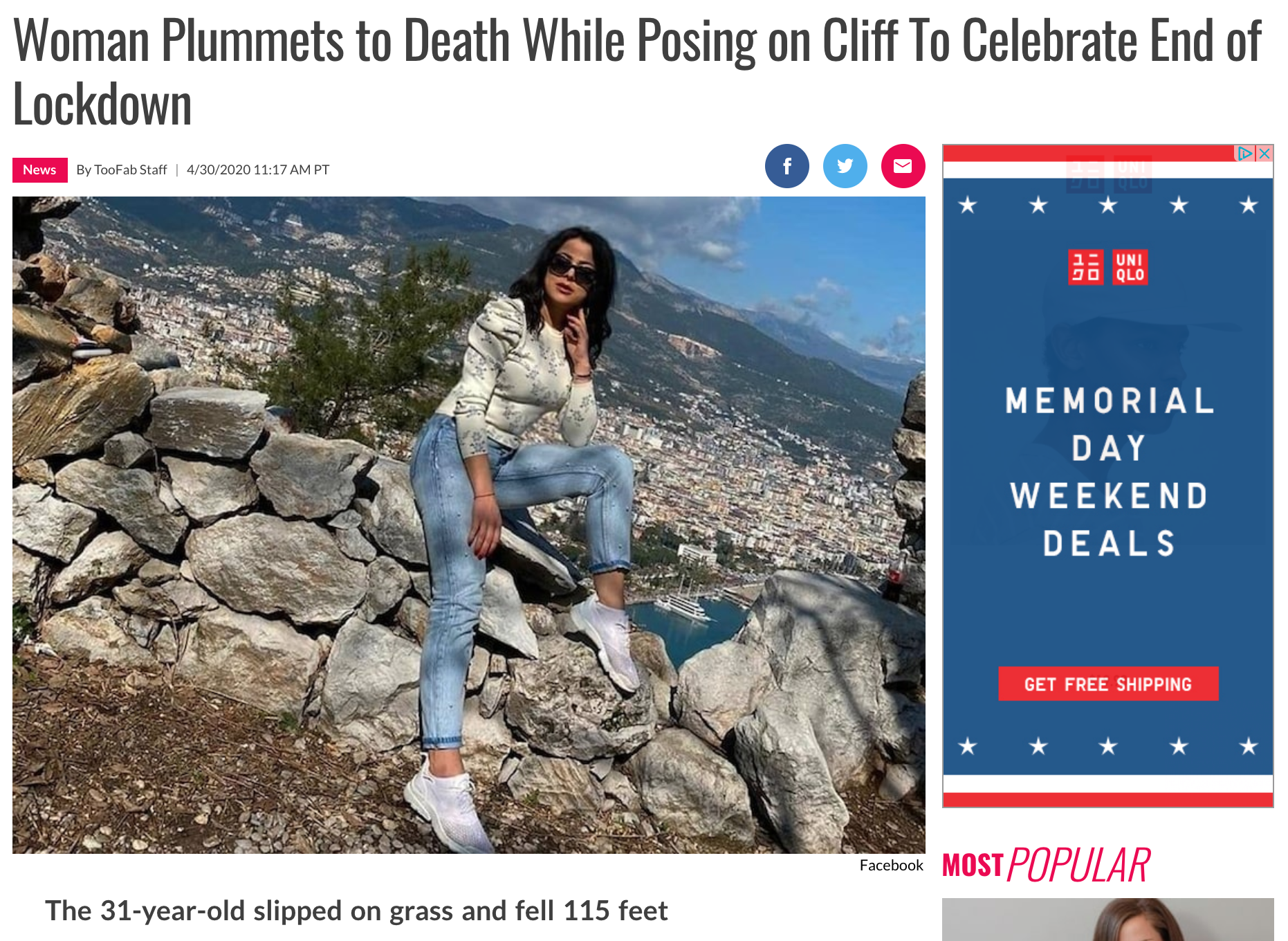 Woman Plummets to Death While Posing on Cliff To Celebrate End of Lockdown News By Toofab Staft 1302020 Pt Uni 90 Qlo Memorial Day Weekend Deals Get Free Shipping Facebook Most Popular The 31yearold slipped on grass and fell 115 feet