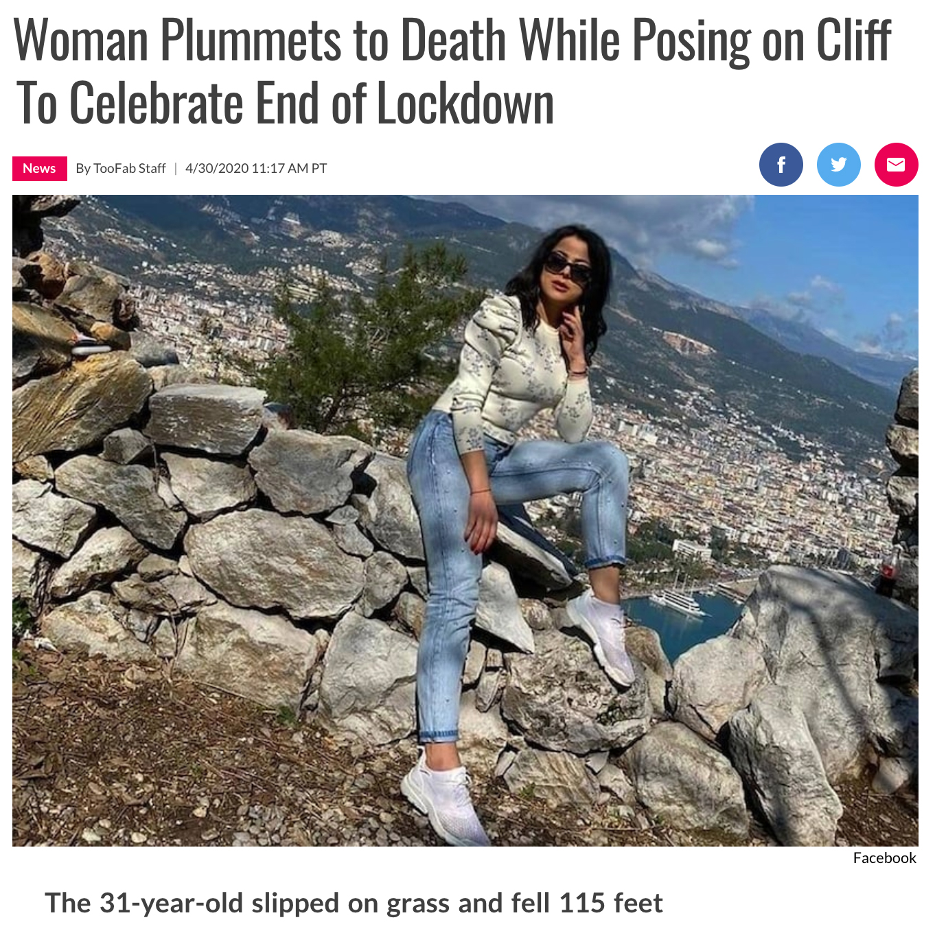 Woman Plummets to Death While Posing on Cliff To Celebrate End of Lockdown The 31yearold slipped on grass and fell 115 feet