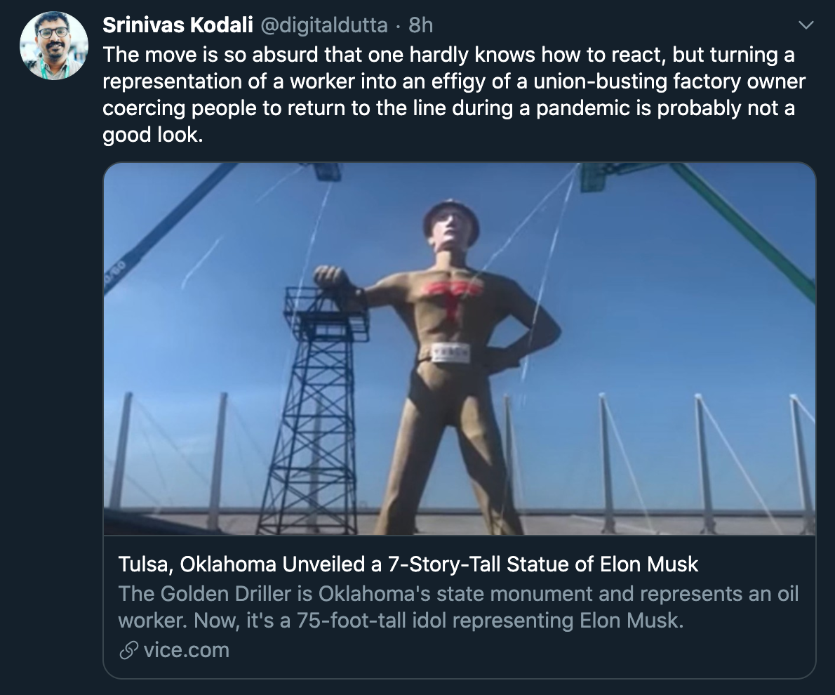 The move is so absurd that one hardly knows how to react, but turning a representation of a worker into an effigy of a union busting factory owner coercing people to return to the line during a pandemic is probably not a good look