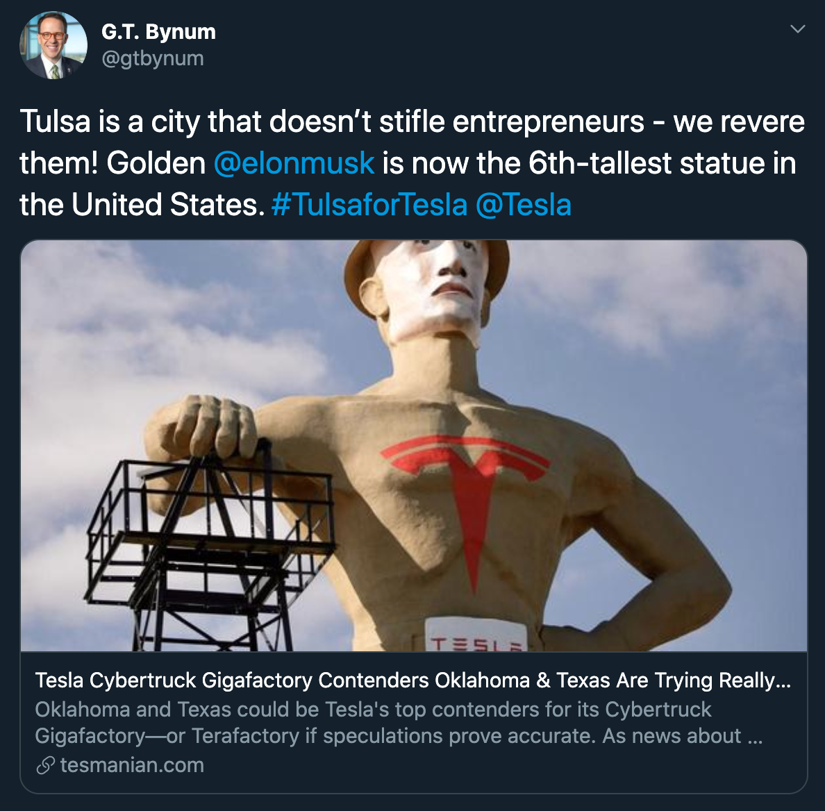 Tulsa is a city that doesn't stifle entrepreneurs we revere them! Golden is now the 6th tallest statue in the United States.